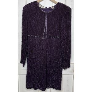 VTG Scala 80-90’s Purple Hand Beaded Sequin Long Sleeve Cocktail Formal Dress PL
